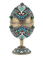 RUSSIAN GILT SILVER CLOISONNE ENAMEL EGG ON STAND