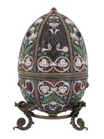 LARGE RUSSIAN SILVER ENAMEL EGG W IMPERIAL EAGLE