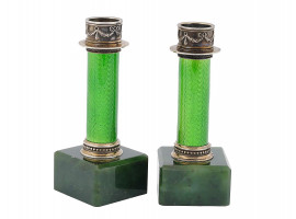 PAIR OF RUSSIAN SILVER AND NEPHRITE CANDLESTICKS