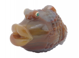 RUSSIAN CARVED AGATE FISH FIGURINE GOLD SETTINGS