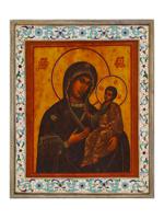 RUSSIAN ICON MOTHER OF GOD IN SILVER ENAMEL FRAME