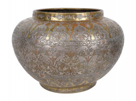 ANTIQUE SYRIAN ARABIC SILVER INLAID BOWL, C. 1900