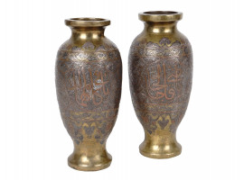 PAIR OF ARABIC SYRIAN COOPER SILVER INLAID VASES