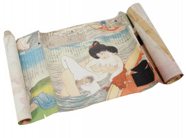 ANTIQUE JAPANESE SHUNGA INK COLOR PAINTING SCROLL