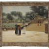 ANTIQUE VICTORIAN ERA GARDEN SCENE OIL PAINTING PIC-0