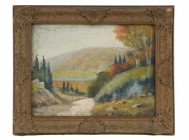 ANTIQUE MOUNTAIN RIVER LANDSCAPE OIL PAINTING