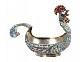 RUSSIAN SILVER CLOISONNE ENAMEL ROOSTER KOVSH