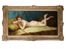 ANTIQUE NUDE WOMAN IN BED PAINTING BY H. WALDECK