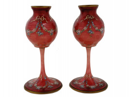 PAIR OF RARE FOOTED RED GUILLOCHE ENAMEL VASES