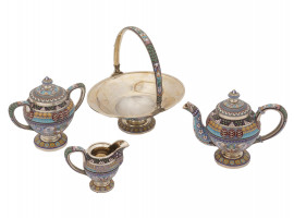 RUSSIAN 88 SILVER ENAMEL FOUR PIECE TEA SET