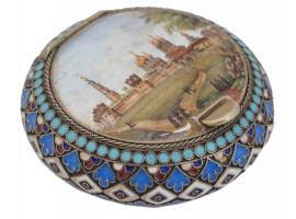 RUSSIAN HAND PAINTED SILVER AND ENAMEL TRINKET BOX