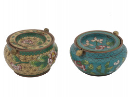 TWO CHINESE PAINTED COPPER ASHTRAYS WITH FLOWERS