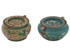 TWO CHINESE PAINTED COPPER ASHTRAYS WITH FLOWERS