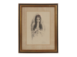 FRAMED LITHOGRAPH FEMALE PORTRAIT SIGNED COLBURN