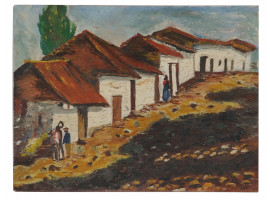 MID CENTURY OIL PAINTING VIEW OF AFRICAN VILLAGE