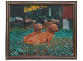 AMERICAN SCHOOL DOGS PORTRAIT OIL PAINTING SIGNED