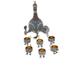 RUSSIAN GILT SILVER ENAMEL PEACOCK VODKA SET