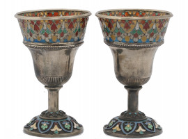 PAIR OF RUSSIAN SILVER ENAMEL SHOT CUP GOBLETS