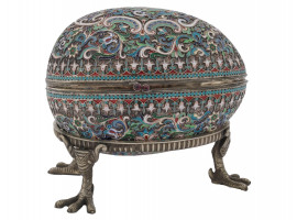 EXTRA LARGE RUSSIAN SILVER ENAMEL EGG WITH STAND