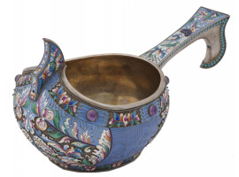 EXTRA LARGE RUSSIAN SILVER CLOISONNE ENAMEL KOVSH