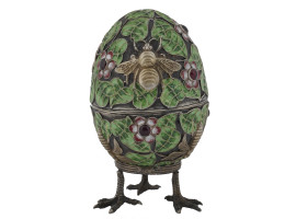 RUSSIAN BEES GILT SILVER ENAMEL EGG BOX W STAND