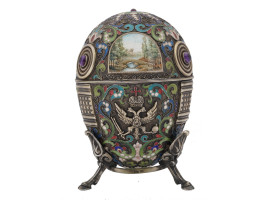 EXTRA LARGE RUSSIAN SILVER ENAMEL EGG WITH STAND