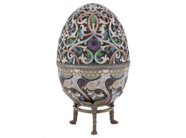 LARGE RUSSIAN SILVER ENAMEL EGG CASKET WITH STAND