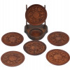 SET OF SIX HAND CARVED WOODEN COASTERS WITH STAND PIC-0