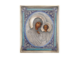 RUSSIAN 84 SILVER GILT ENAMEL ICON MOTHER OF GOD
