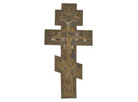 ANTIQUE RUSSIAN ORTHODOX CAST BRONZE ENAMEL CROSS