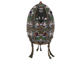 RUSSIAN SILVER ENAMEL EASTER EGG BOX W. GEMSTONES