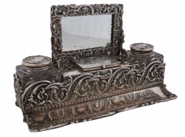 ANTIQUE SILVER AND GLASS INKWELL SET WITH MIRROR
