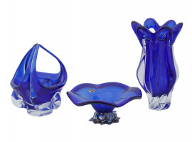 VINTAGE BLUE MURANO WHITE CRYSTAL HAND MADE VASES