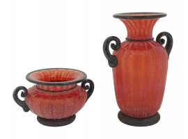RED MURANO GLASS VASE AND FLOWER POT WITH HANDLES