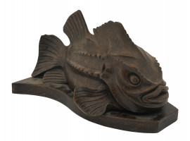 MID CENTURY WOOD CARVED FISH FIGURE SIGNED C.BALE