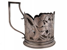 RUSSIAN SILVER ENGRAVED DESIGN TEA GLASS HOLDER