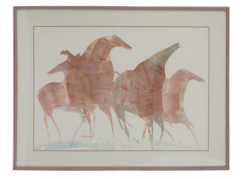 ABSTRACT WATERCOLOR PAINTING OF HORSES, SIGNED