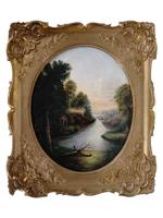 ANTIQUE AMERICAN SCHOOL LANDSCAPE PAINTING FRAMED