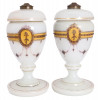 PAIR OF ANTIQUE WHITE OPALINE GLASS LIDDED VASES PIC-0