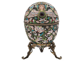 LARGE RUSSIAN SILVER CLOISONNE ENAMEL EGG W STAND