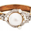 14K GOLD DIAMOND AND PEARL HINGED BANGLE BRACELET PIC-0