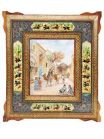 ORIENTAL CITYSCAPE ENAMEL PAINTING W MOSAIC FRAME