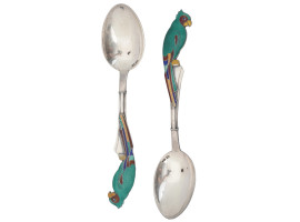 TWO RUSSIAN 916 SILVER ENAMEL PARROT SPOONS