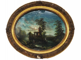 AN ANTIQUE FRENCH REVERSE GLASS PAINTING 19TH CEN
