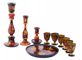 RUSSIAN KHOKHLOMA BAR SET & CANDLESTICKS, 10 PCS