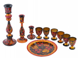 RUSSIAN KHOKHLOMA BAR SET & CANDLESTICKS, 10 PCS