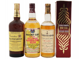 FOUR VINTAGE ALCOHOL BOTTLES WHISKY VODKA RUM IOB