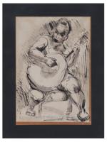 VINTAGE MANDOLIN PLAYER PAINTING SIGNED R. FOX