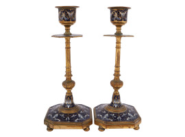 ANTIQUE PAIR OF FRENCH ENAMEL CANDLESTICKS C.1880