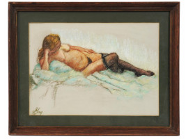 VINTAGE PASTEL NUDE WOMAN DRAWING SIGNED J. MAY